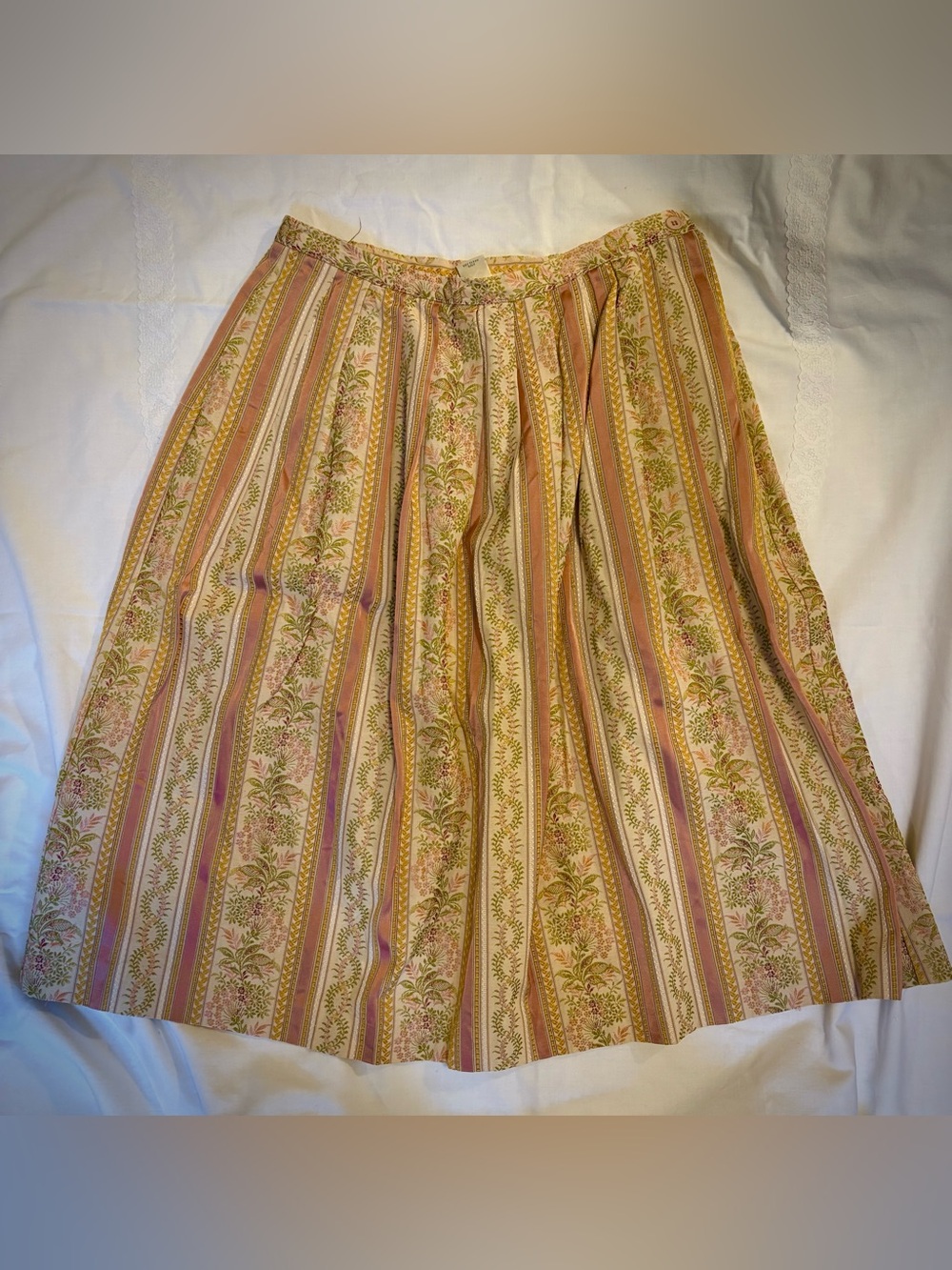 Vintage Pink Striped Floral Brocade Midi Skirt